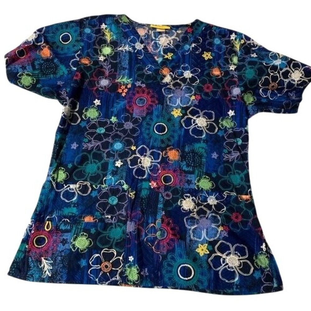 Wonderwink XS Floral Print V-Neck Scrub Top 100% Cotton Blue Multicolor